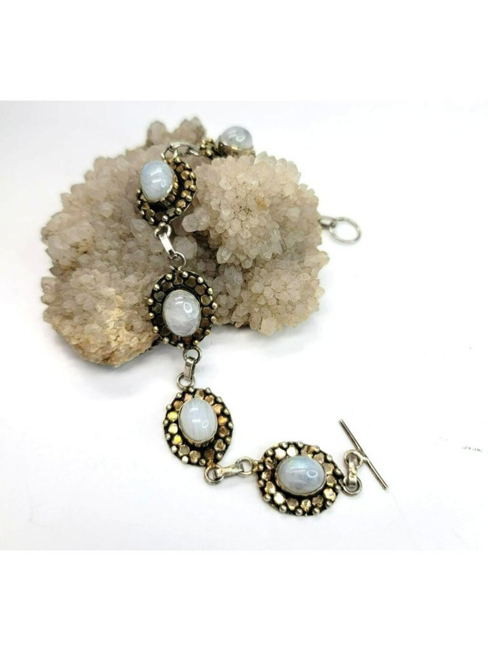 Moonstone Cabochon Bracelet T-bar Toggle Clasp Gold Silver Tone 6.5-7.5" LI103